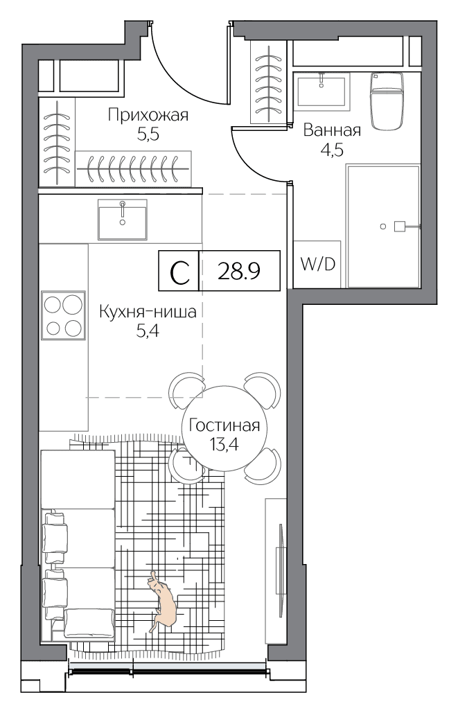 Планировка студии 28 м² в квартале Дрим Рива