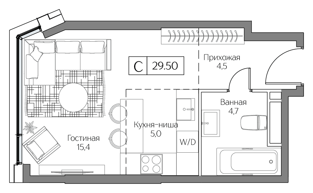 Планировка студии 29 м² в башне Terra квартала Дрим Рива