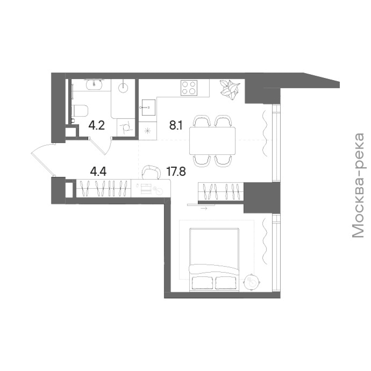 Планировка студии 34,8 м² в жилом комплексе STONE Blik