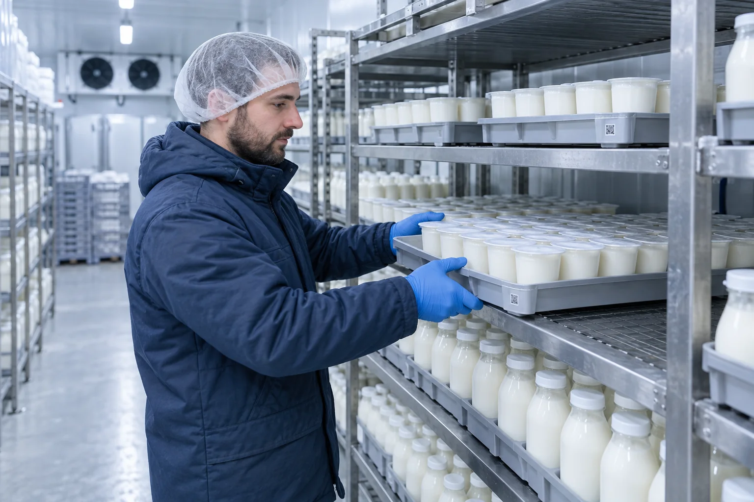 Отбор молочной продукции на стеллаже холодильного склада
