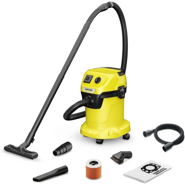 Пылесос хозяйственный с розеткой Karcher WD 3 P V-17/4/20 Workshop 1.628-175.0, 2 трубки, ручка, щетка широкая, щетка узкая, щелевая насадка, насадка для электроинструмента, гибкий всасывающий шланг 1 м