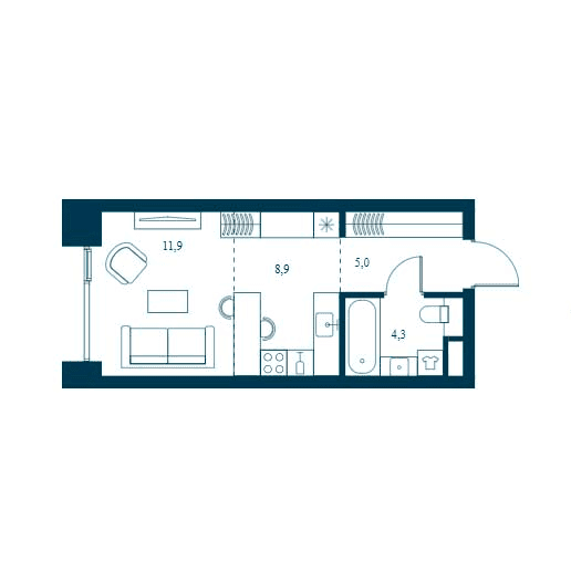 Планировка просторной студии 30,1 м² в ЖК SOUL