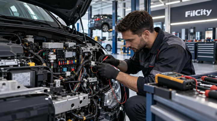Ремонт электропроводки автомобиля в автосервисе FilCity — автоэлектрик проверяет и восстанавливает электрические соединения, проводку и блок предохранителей автомобиля