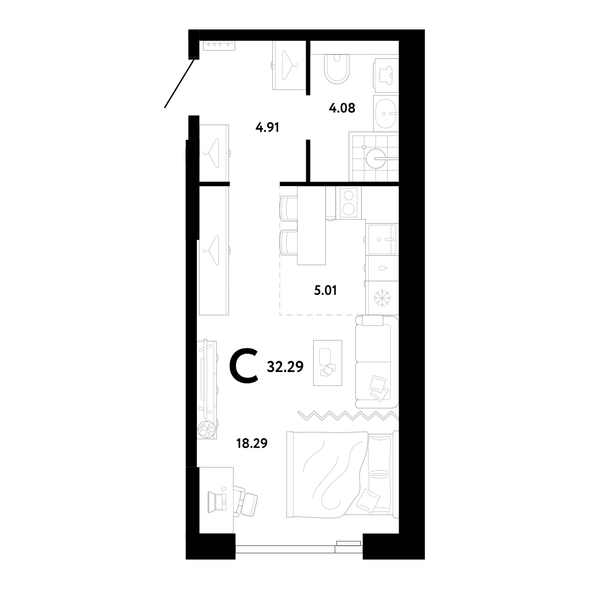 Планировка студии 32,29 м², №608, ЖК РИДЖ, секция 9