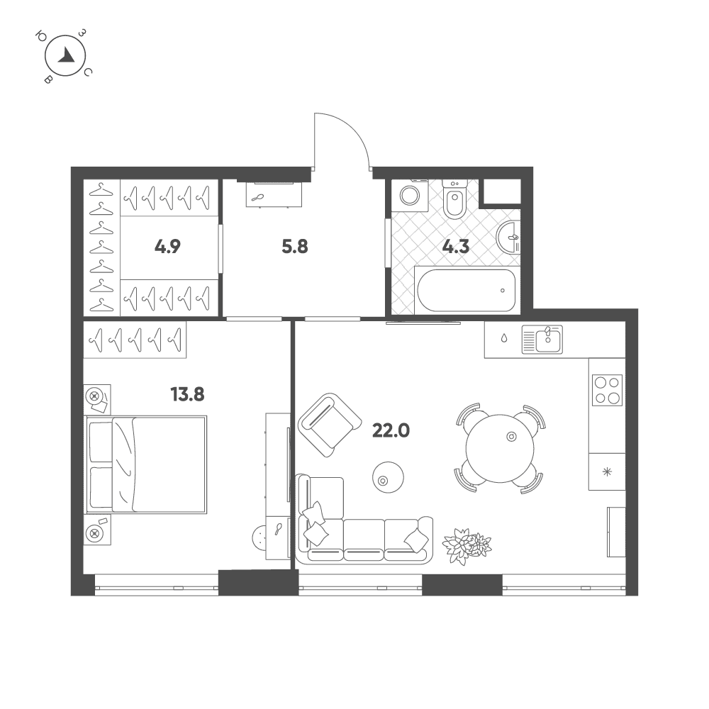 Планировка 1-комнатной квартиры 50,8 м² в ЖК ВОКСХОЛЛ, корпус 2, квартира № 22