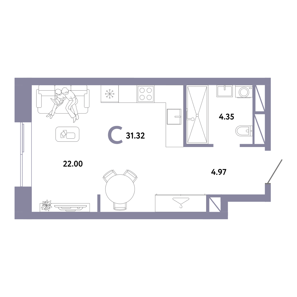 Планировка студии 31,32 м² в квартале REPUBLIC