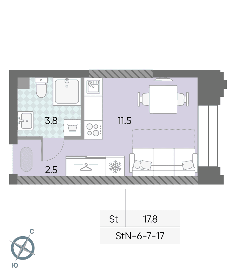 Планировка квартиры №1418, 17,8 м², ЖК ЗИЛАРТ, дом 21 (СПАРК)