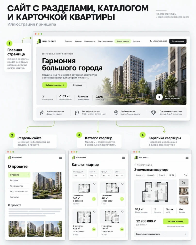 Сравнение структуры лендинга и многостраничного сайта жилого комплекса