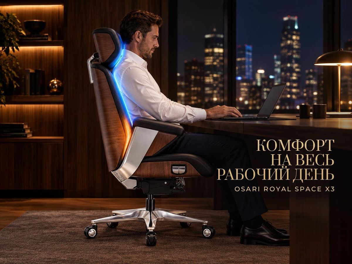 Комфорт на весь рабочий день Мужчина работает в кресле руководителя OSARI Royal Space X3, подсвечена поддержка спины