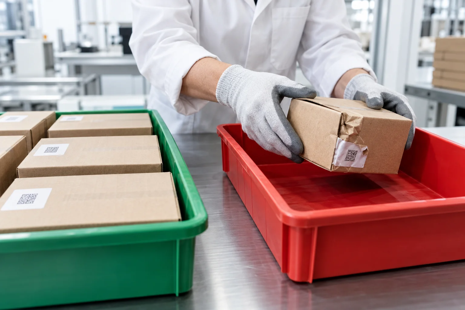 Отделение повреждённой упаковки от годной продукции на участке маркировки