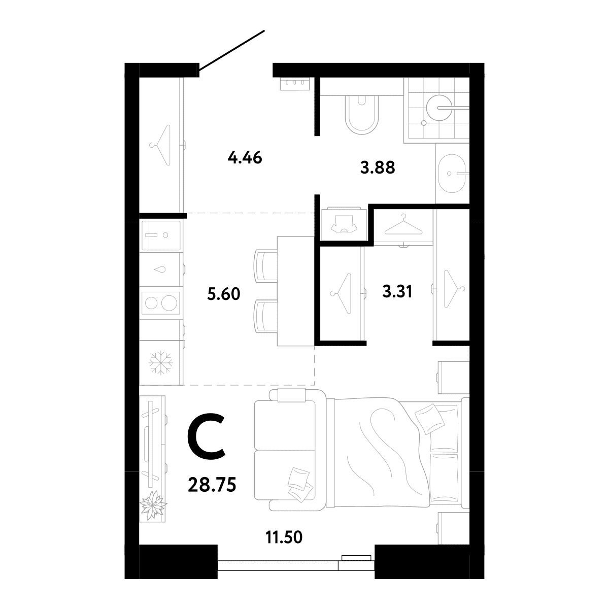 Планировка студии 28,75 м², №231, ЖК РИДЖ, секция 3
