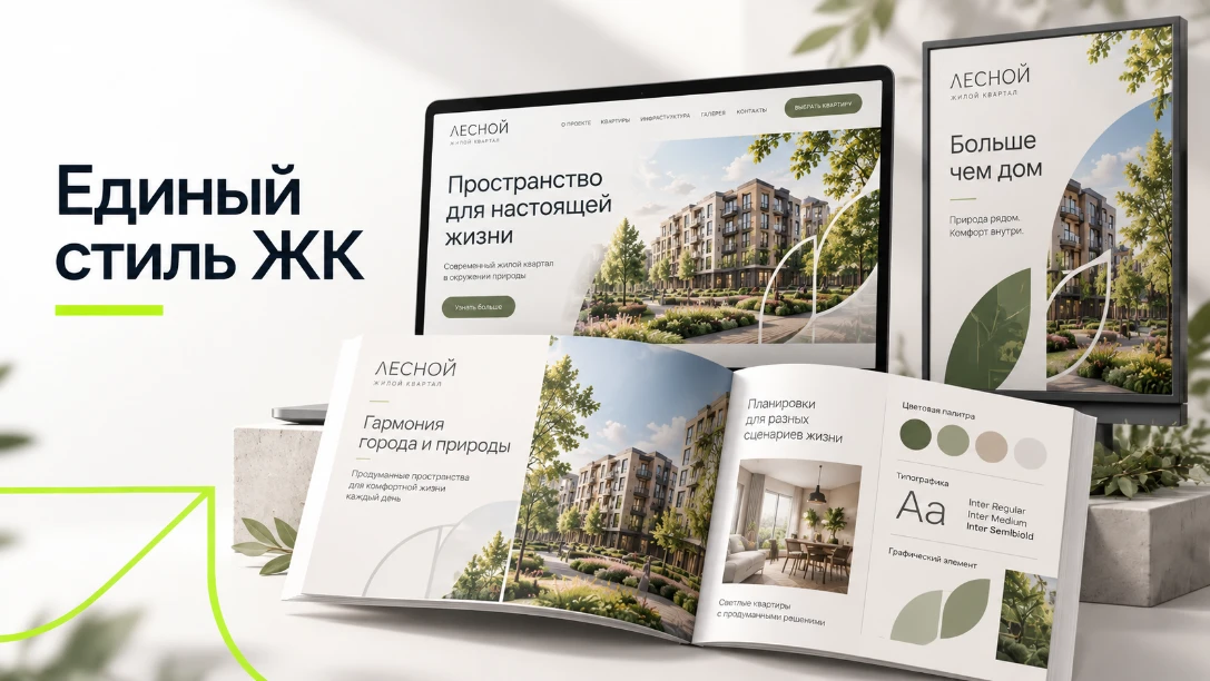 Единый фирменный стиль жилого комплекса на сайте, в рекламе и буклете