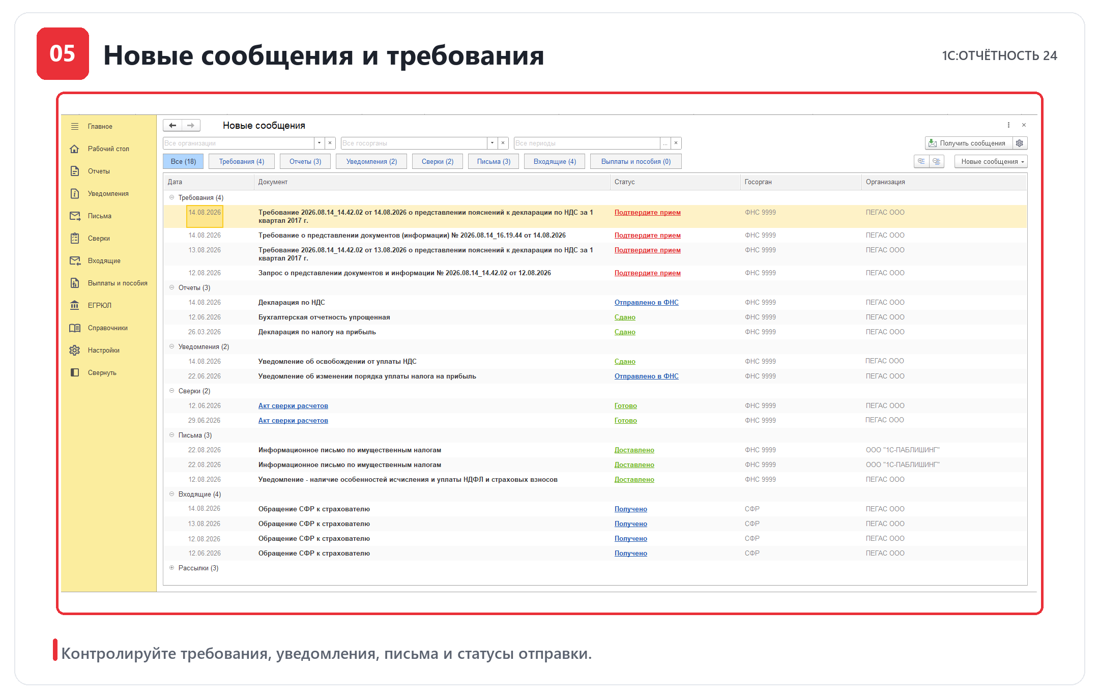 Раздел новых сообщений, требований и уведомлений в 1С-Отчётность 24