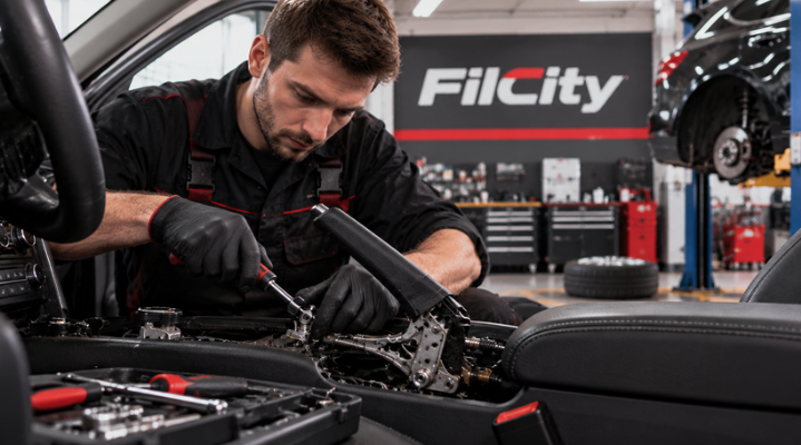 Ремонт ручного тормоза автомобиля в автосервисе FilCity — автомеханик ремонтирует механизм стояночного тормоза и регулирует трос ручника в салоне автомобиля