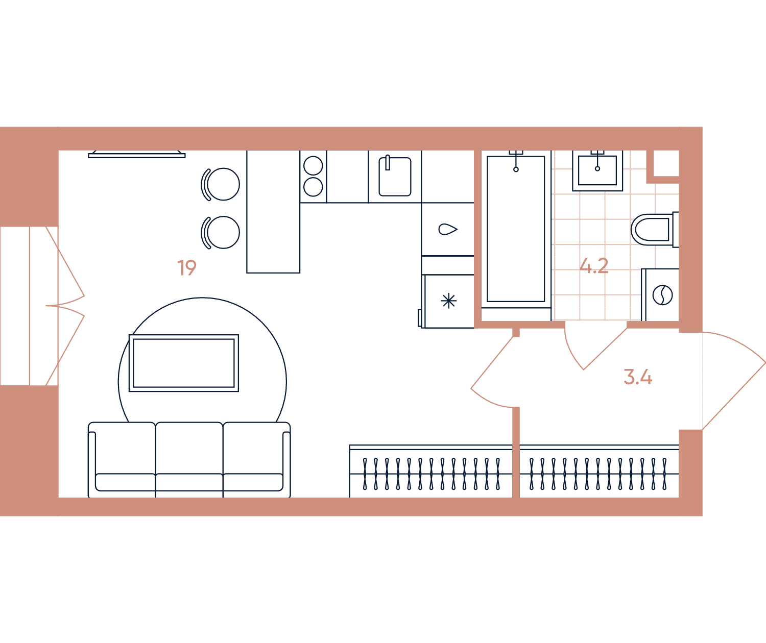 Планировка студии 26,6 м², №64, корпус 6, ЖК ЭРА