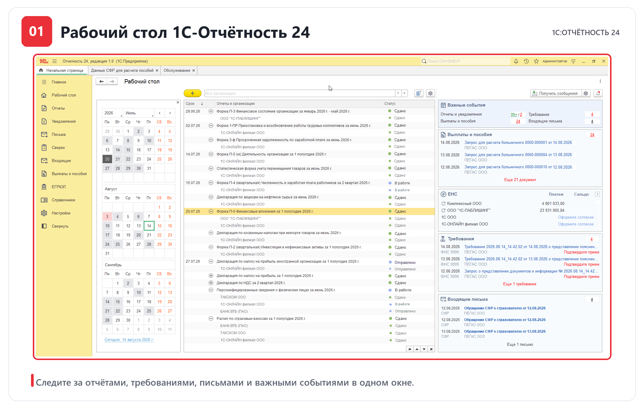 Рабочий стол сервиса 1С-Отчётность 24 с отчётами, требованиями и входящими письмами