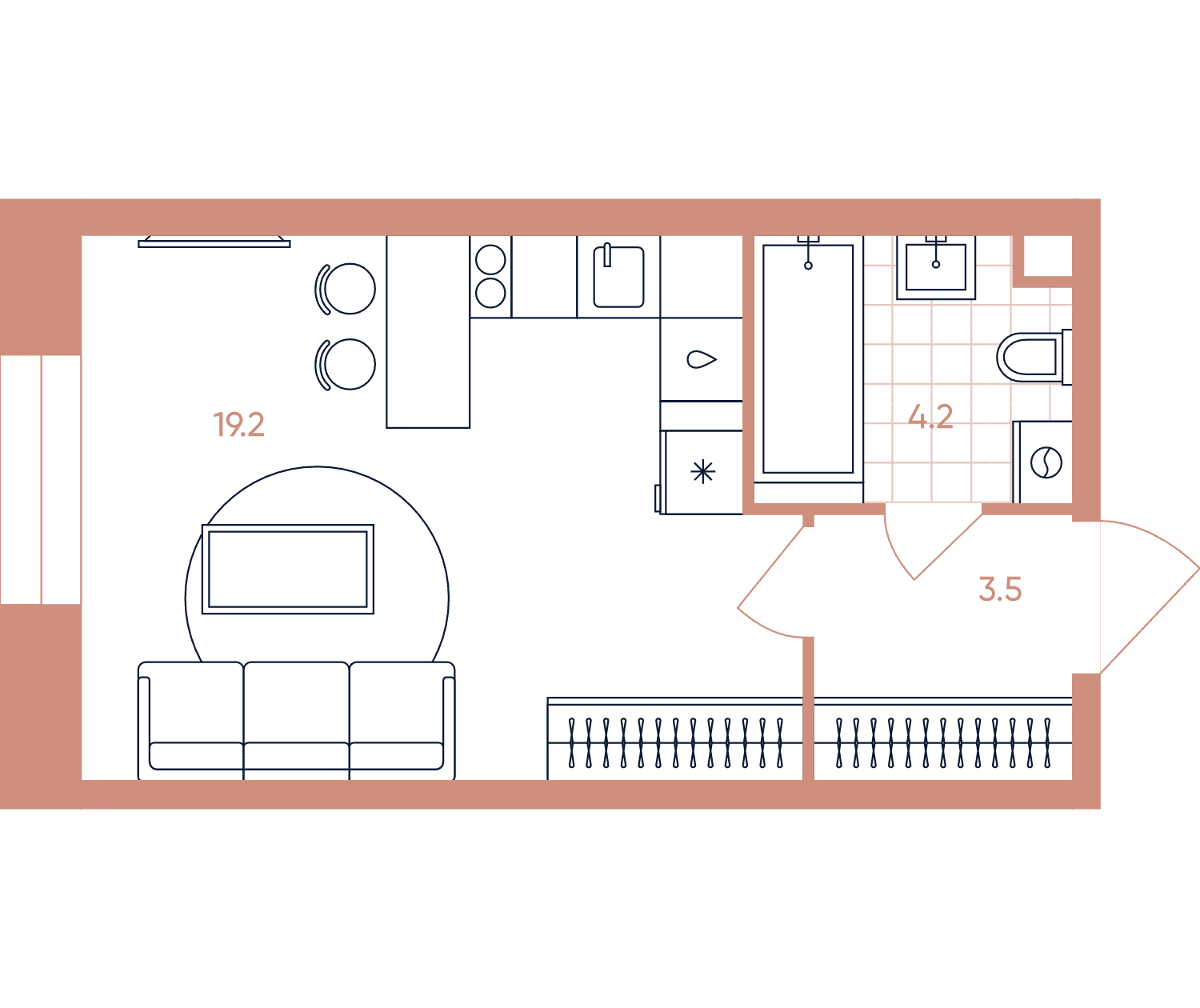 Планировка студии 26,9 м², №86, корпус 6, ЖК ЭРА
