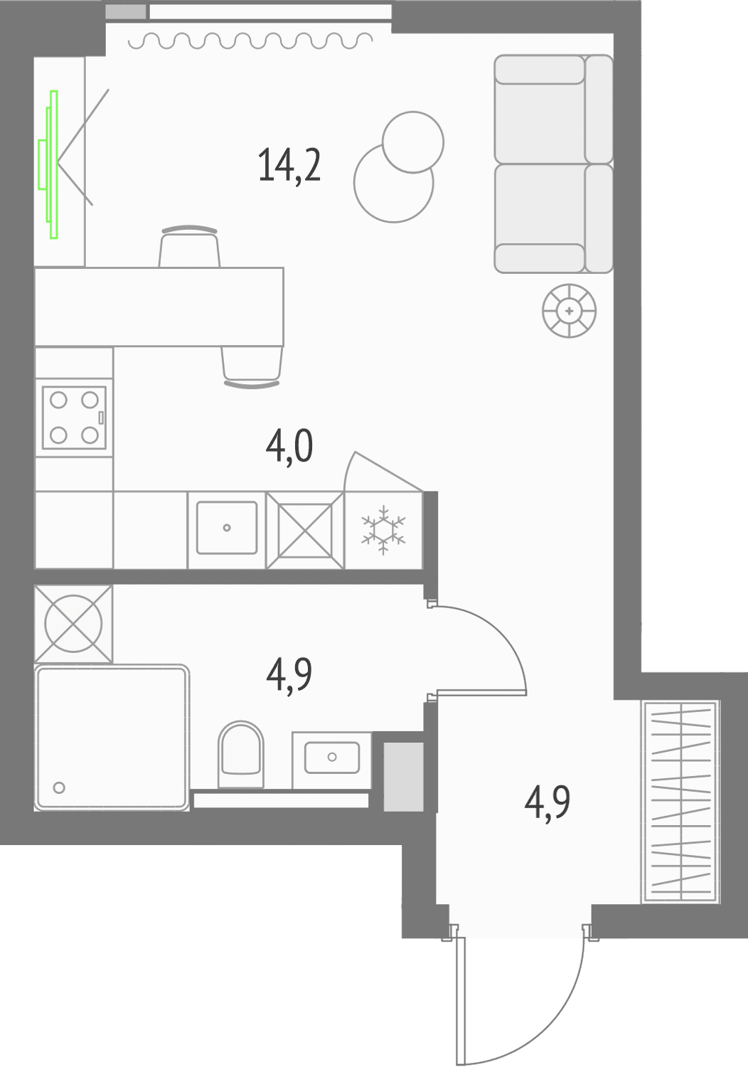 Планировка студии 28,1 м² в башне Эльбрус ЖК Upside Towers