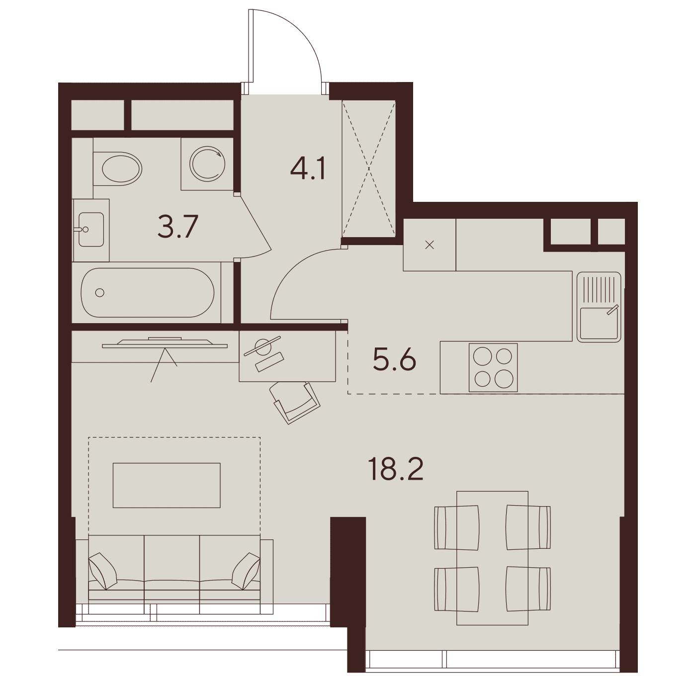 Планировка студии 31,6 м² в башне D2 комплекса ИНДИ Тауэрз