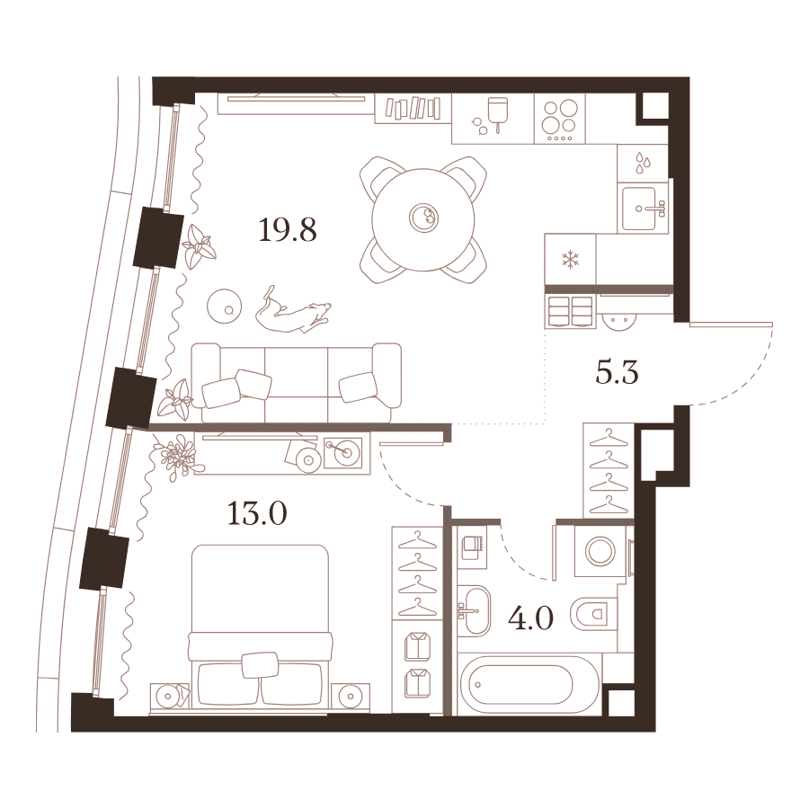 Планировка 1-комнатной резиденции 42,1 м² в ЖК МУЗА