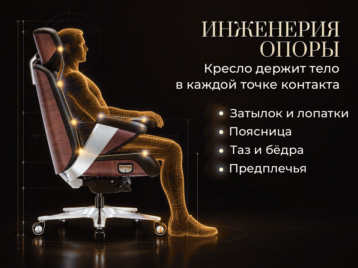 Инженерия опоры Точки опоры тела в кресле руководителя OSARI Royal Space X3: затылок, лопатки, поясница, таз, предплечья