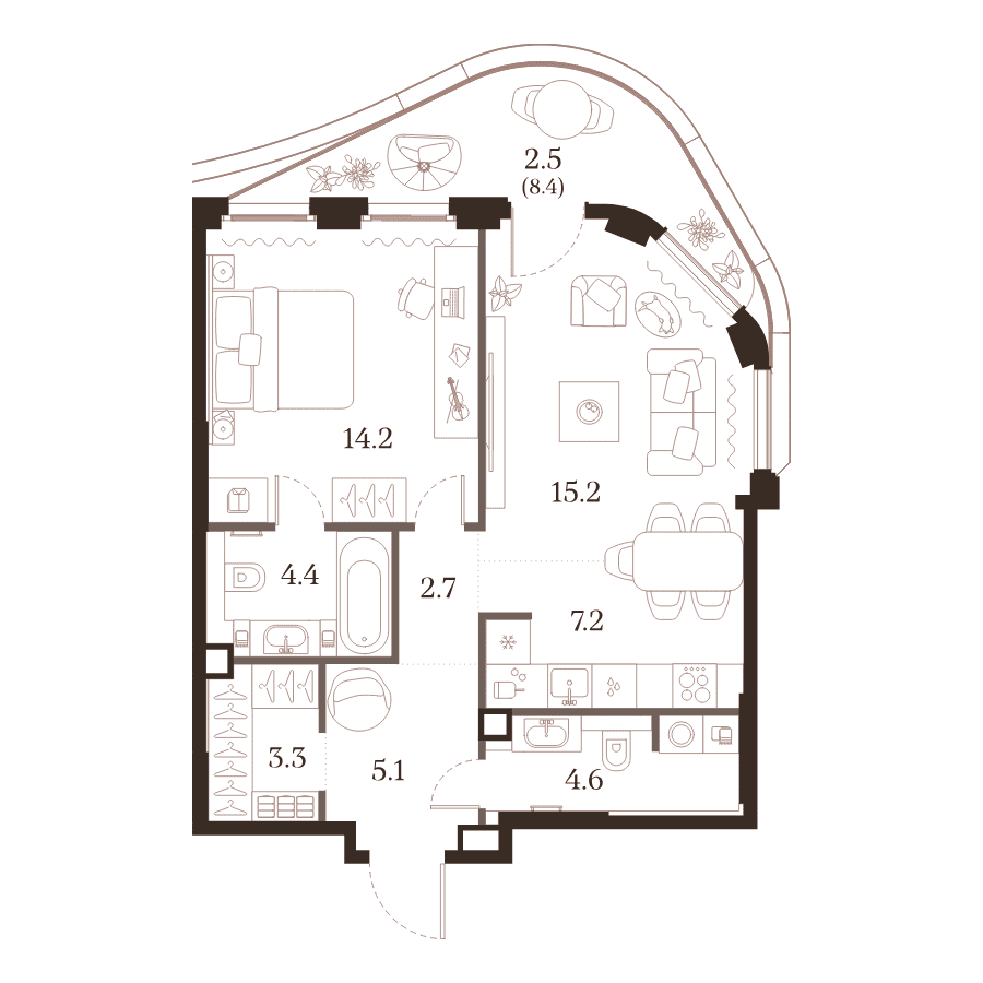 Планировка 1-комнатной резиденции 59,2 м² в ЖК МУЗА