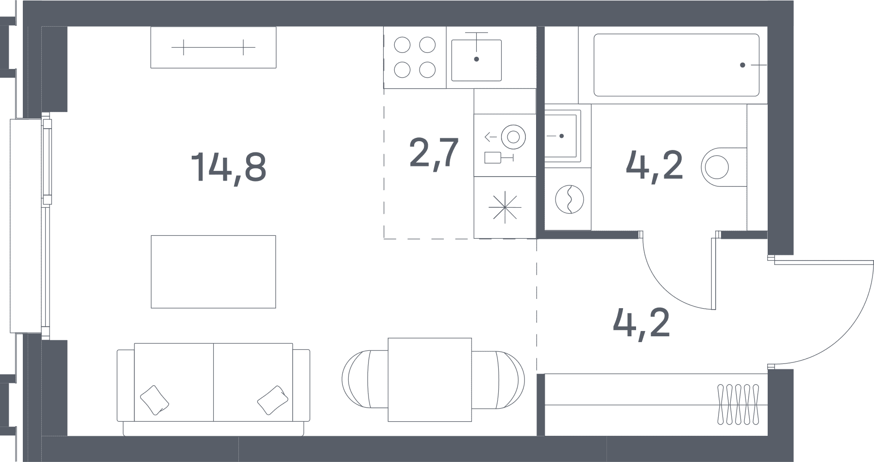 Планировка студии 25,9 м², квартира №121, ЖК Портленд