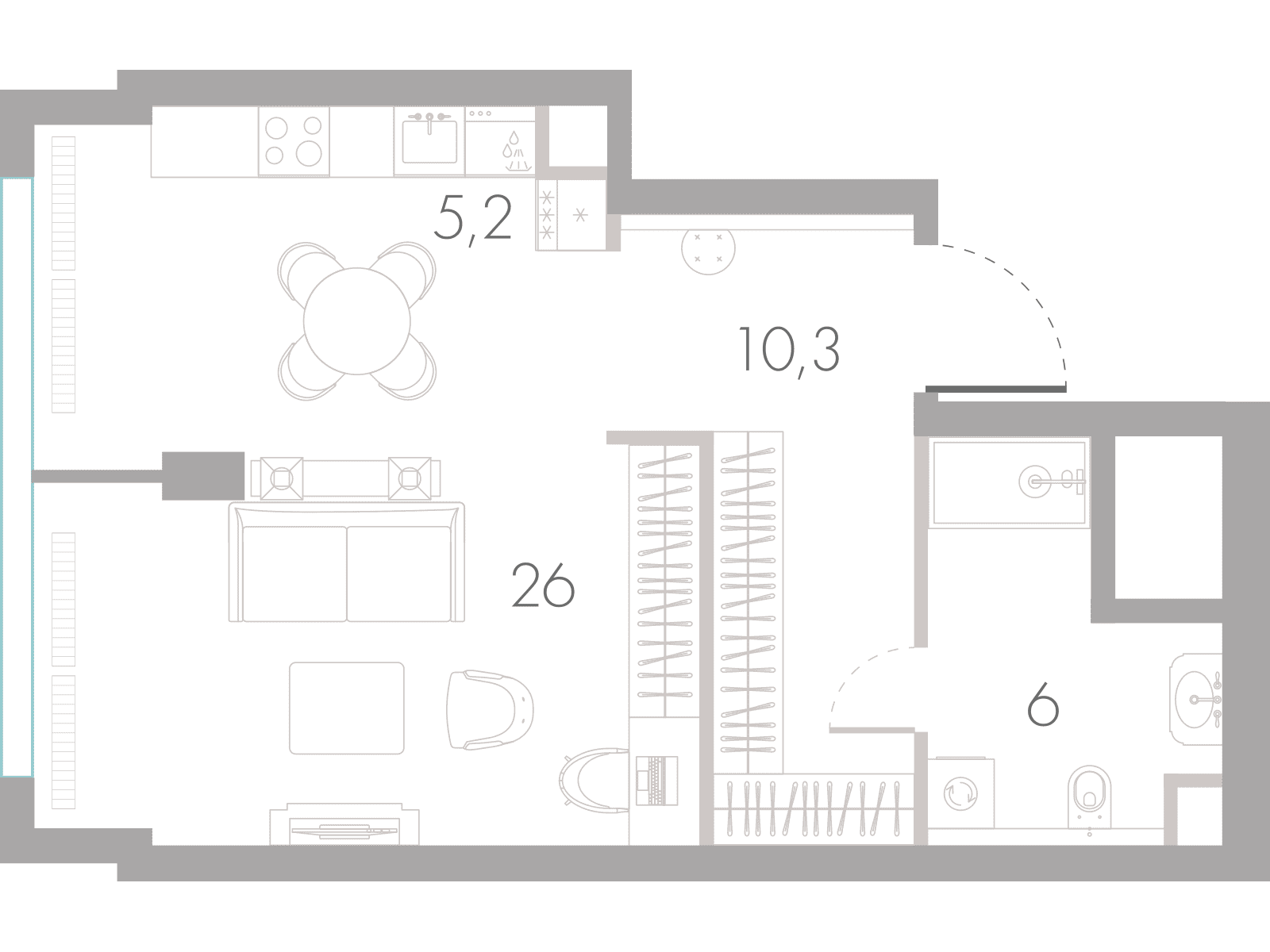 Планировка студии 47,5 м² в башне Лазурь River Park Towers Кутузовский