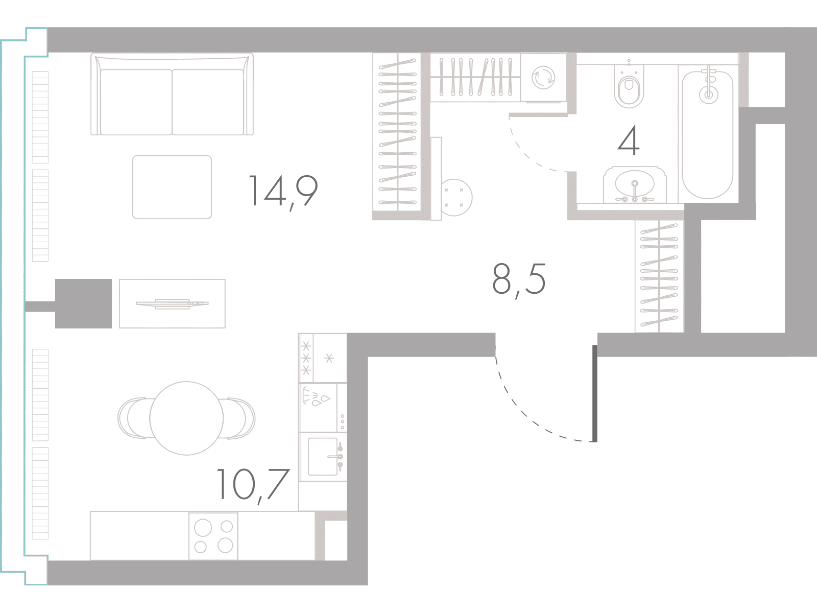 Планировка студии 38,1 м² в башне Лазурь River Park Towers Кутузовский