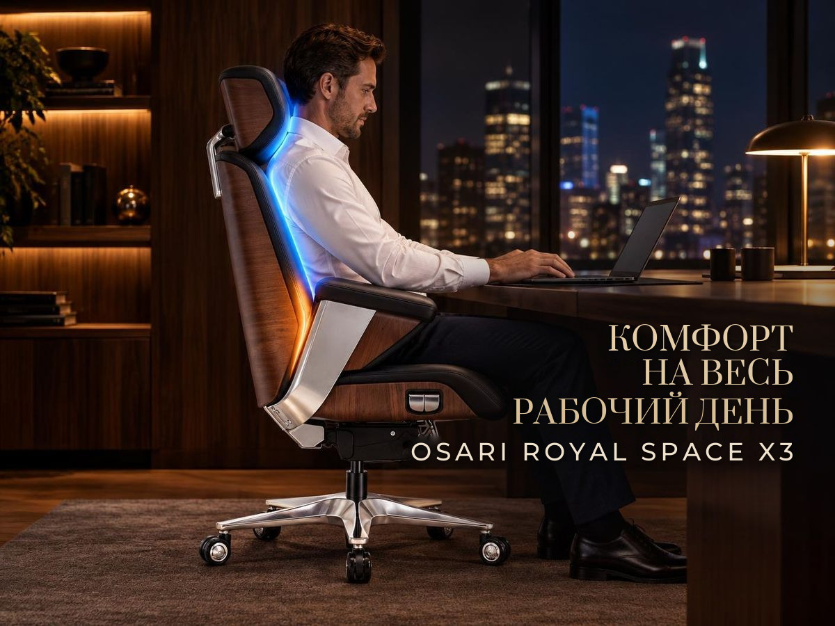 Комфорт на весь рабочий день Мужчина работает в кресле руководителя OSARI Royal Space X3, подсвечена поддержка спины