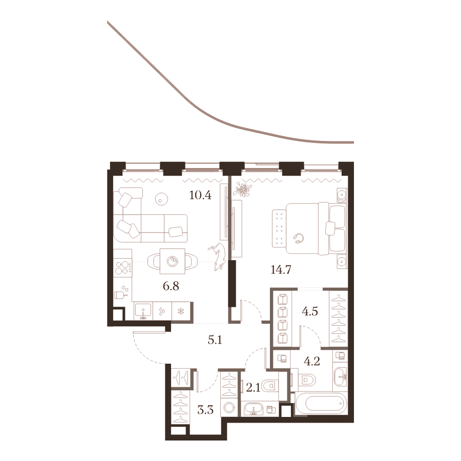Планировка 1-комнатной резиденции 51,1 м² в ЖК МУЗА