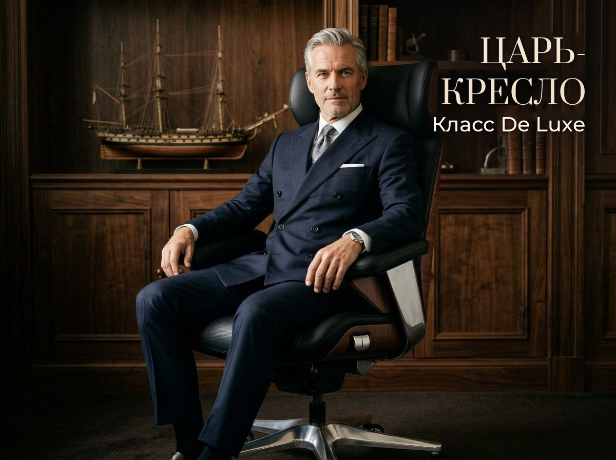 Царь-кресло класса De Luxe Мужчина в костюме сидит в кресле руководителя OSARI Royal Space X3 в кабинете