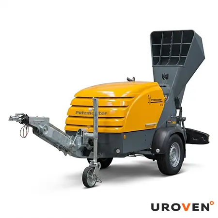 Пневмонагнетатель Putzmeister Mixokret M 740 DBS для полусухой стяжки в UROVEN° Профессиональный пневмонагнетатель Putzmeister Mixokret M 740 DBS желтого цвета для подачи раствора при устройстве стяжки пола.