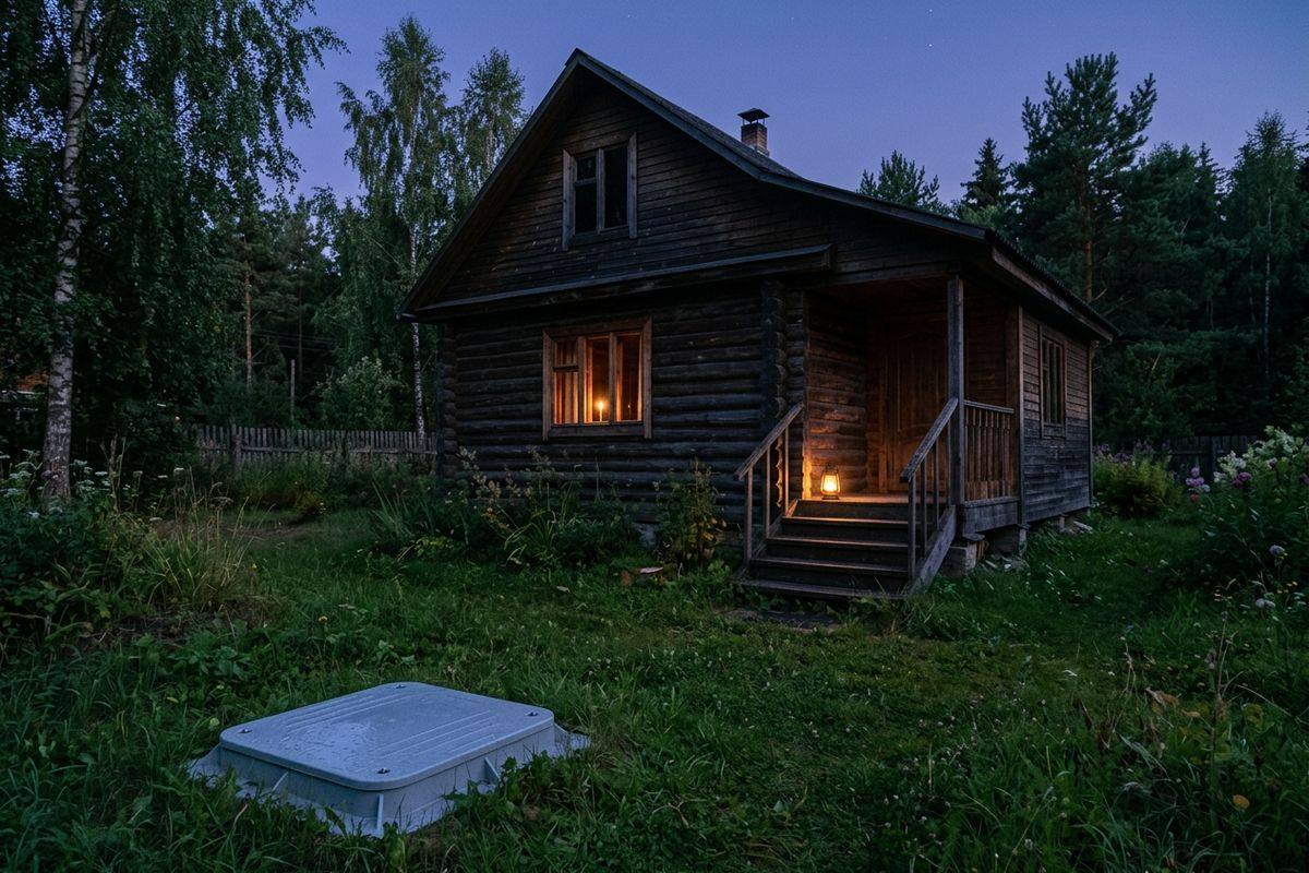 Дачный дом в сумерках при отключённом свете, крышка станции очистки в траве
