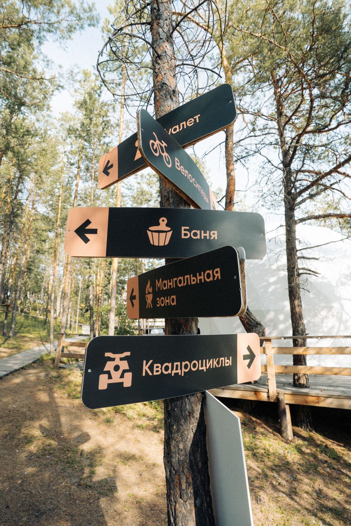 Навигация по территории глэмпинга: баня, мангальная зона, велосипеды