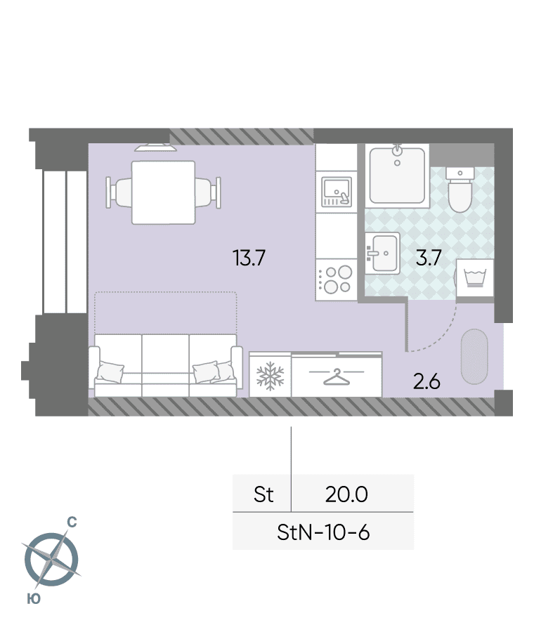 Планировка квартиры №1384, 20,0 м², ЖК ЗИЛАРТ, дом 21 (СПАРК)