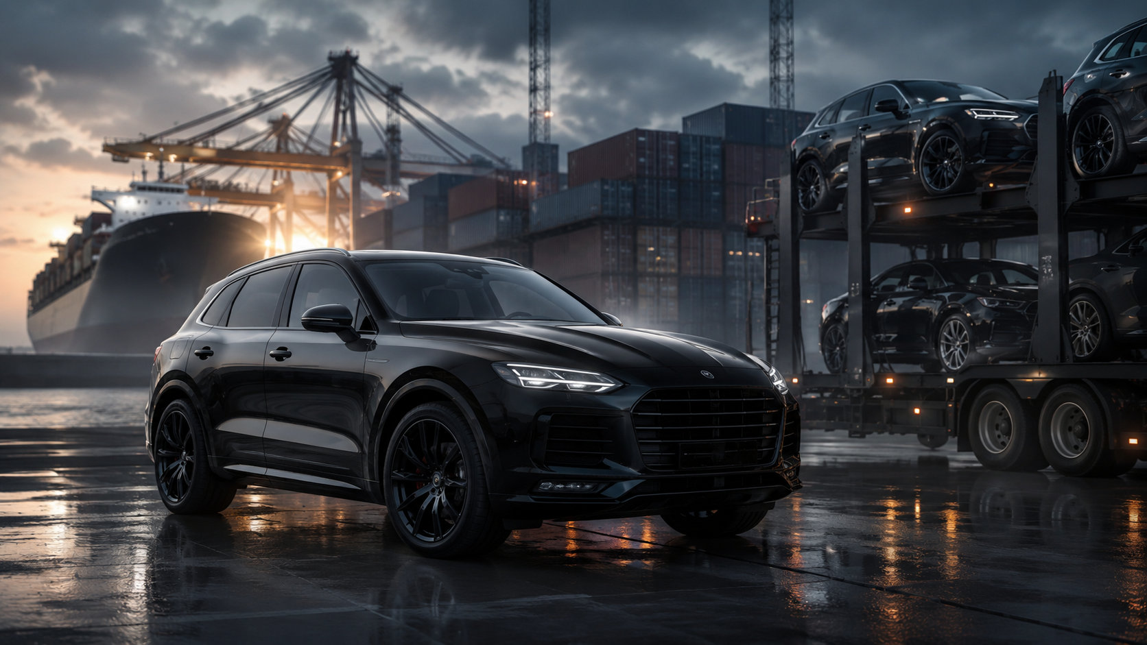 Мощный автомобиль на фоне портовой логистики