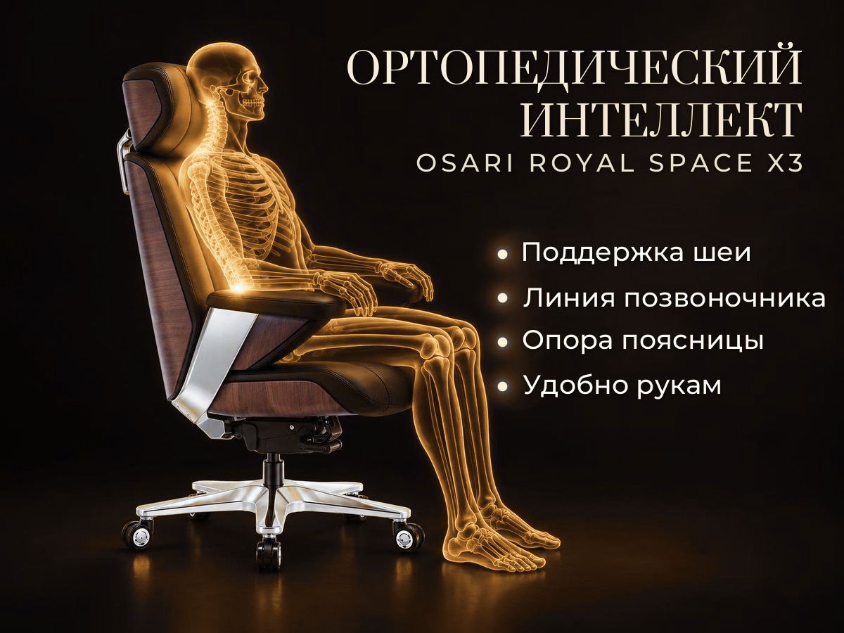 Ортопедический интеллект Скелет человека в кресле руководителя OSARI Royal Space X3: опора шеи, позвоночника, поясницы