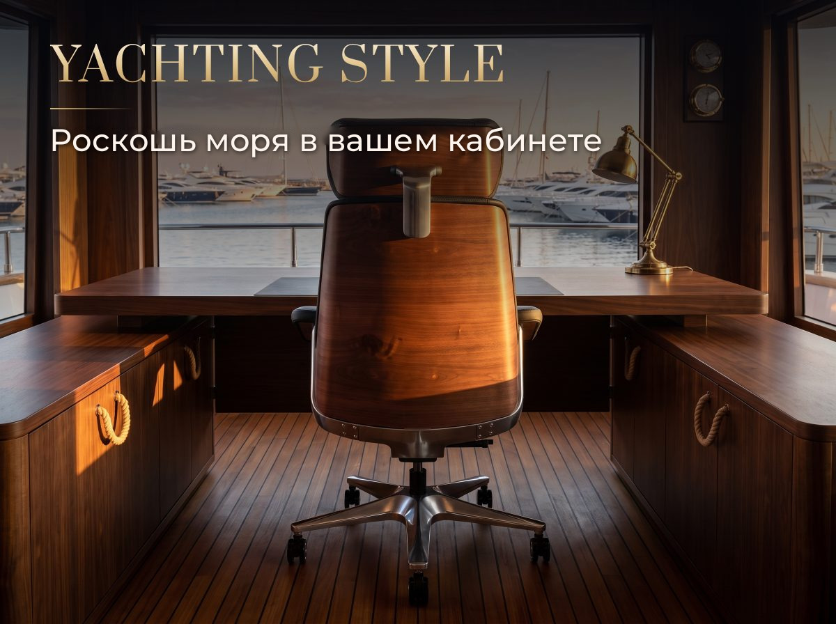 Yachting style: роскошь моря в кабинете Кресло руководителя OSARI Royal Space X3 со спины в яхтенном кабинете из тёмного дерева