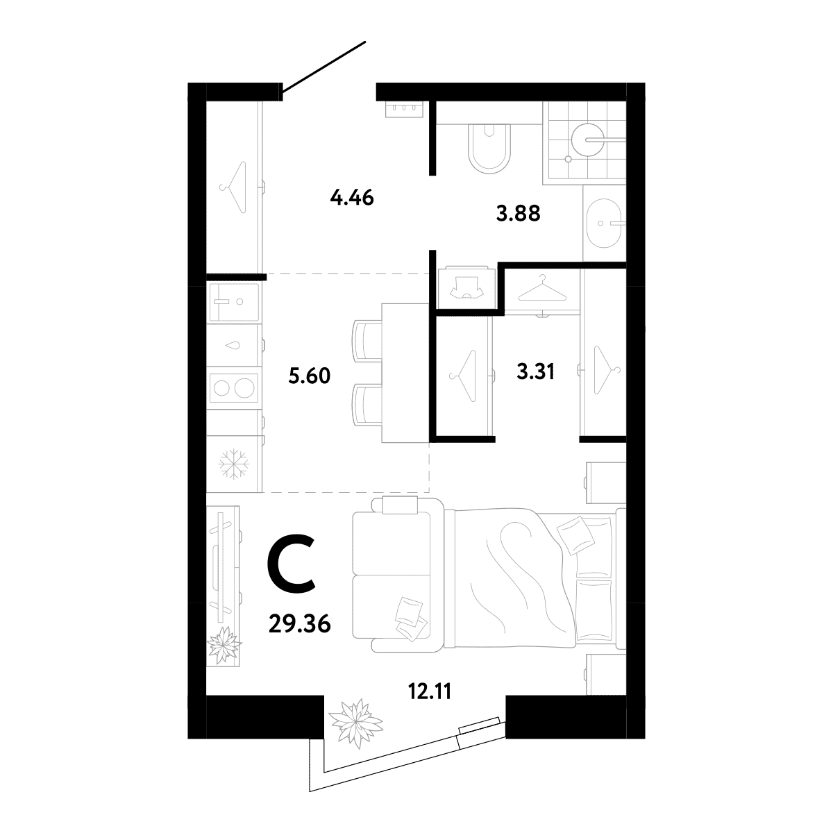 Планировка студии 29,36 м², №216, ЖК РИДЖ, секция 3