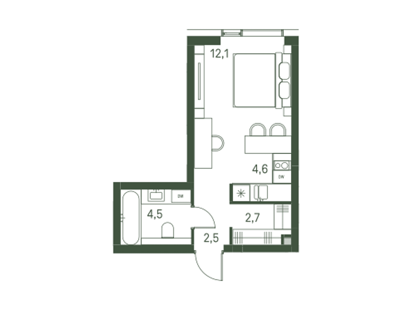 Планировка студии 26,4 м² в жилом квартале МОМЕНТС, корпус 2.1