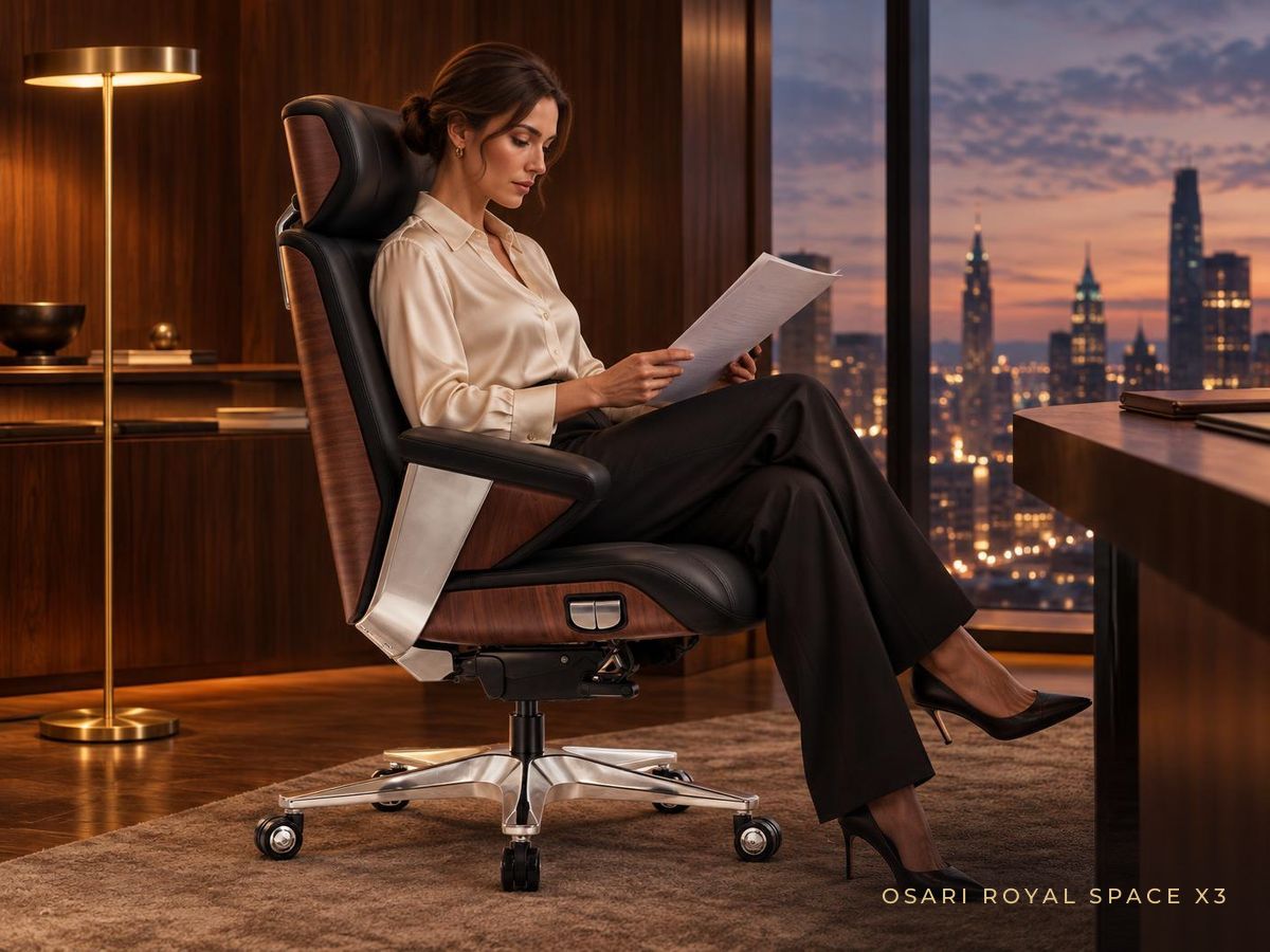 Пентхаус Женщина читает документы в кресле руководителя OSARI Royal Space X3 в пентхаусе