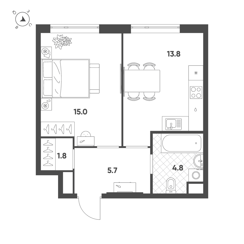 Планировка 1-комнатной квартиры 41,1 м² в ЖК ВОКСХОЛЛ, корпус 2, квартира № 122