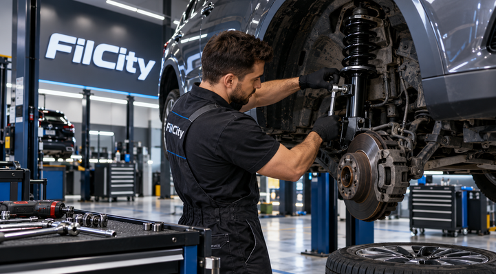 Замена амортизаторов автомобиля в автосервисе FilCity — автомеханик устанавливает амортизационную стойку на поднятом автомобиле со снятым колесом