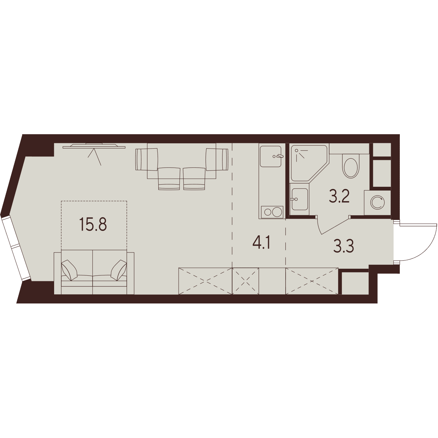 Планировка студии 26,4 м² в ЖК ИНДИ Тауэрз