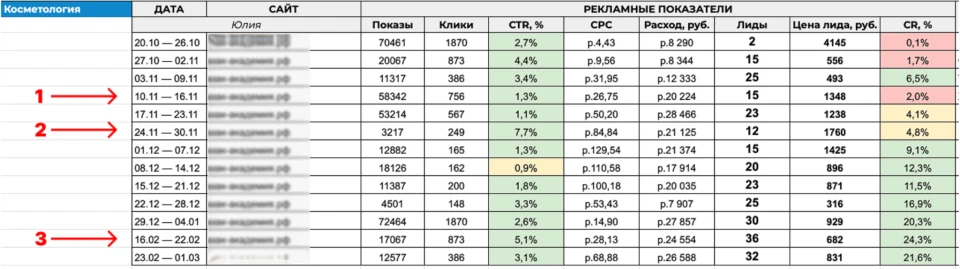 Оригинальный отчёт рекламы косметологического обучения: расходы, заявки и меняющаяся по неделям цена заявки