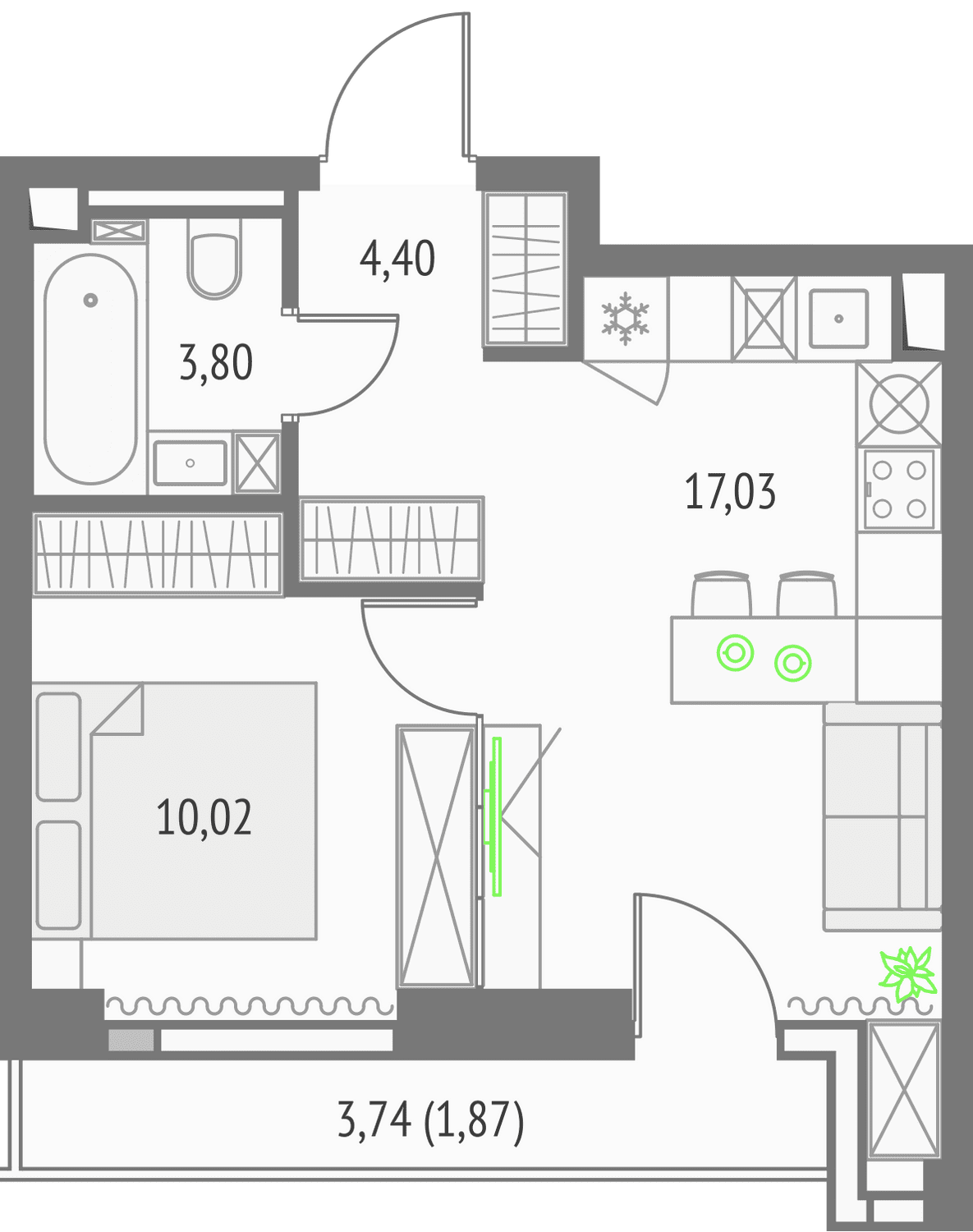 Планировка студии 35,3 м² в башне Олимп комплекса Upside Towers