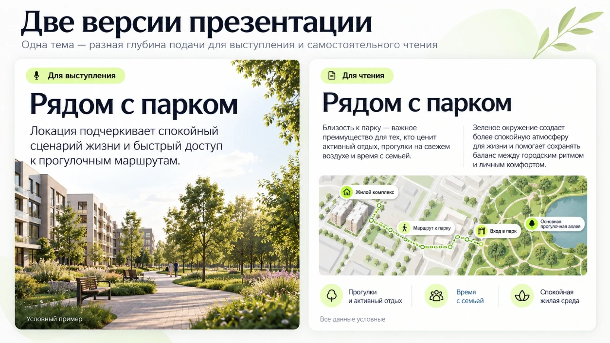 Различия презентации для выступления и PDF для самостоятельного чтения