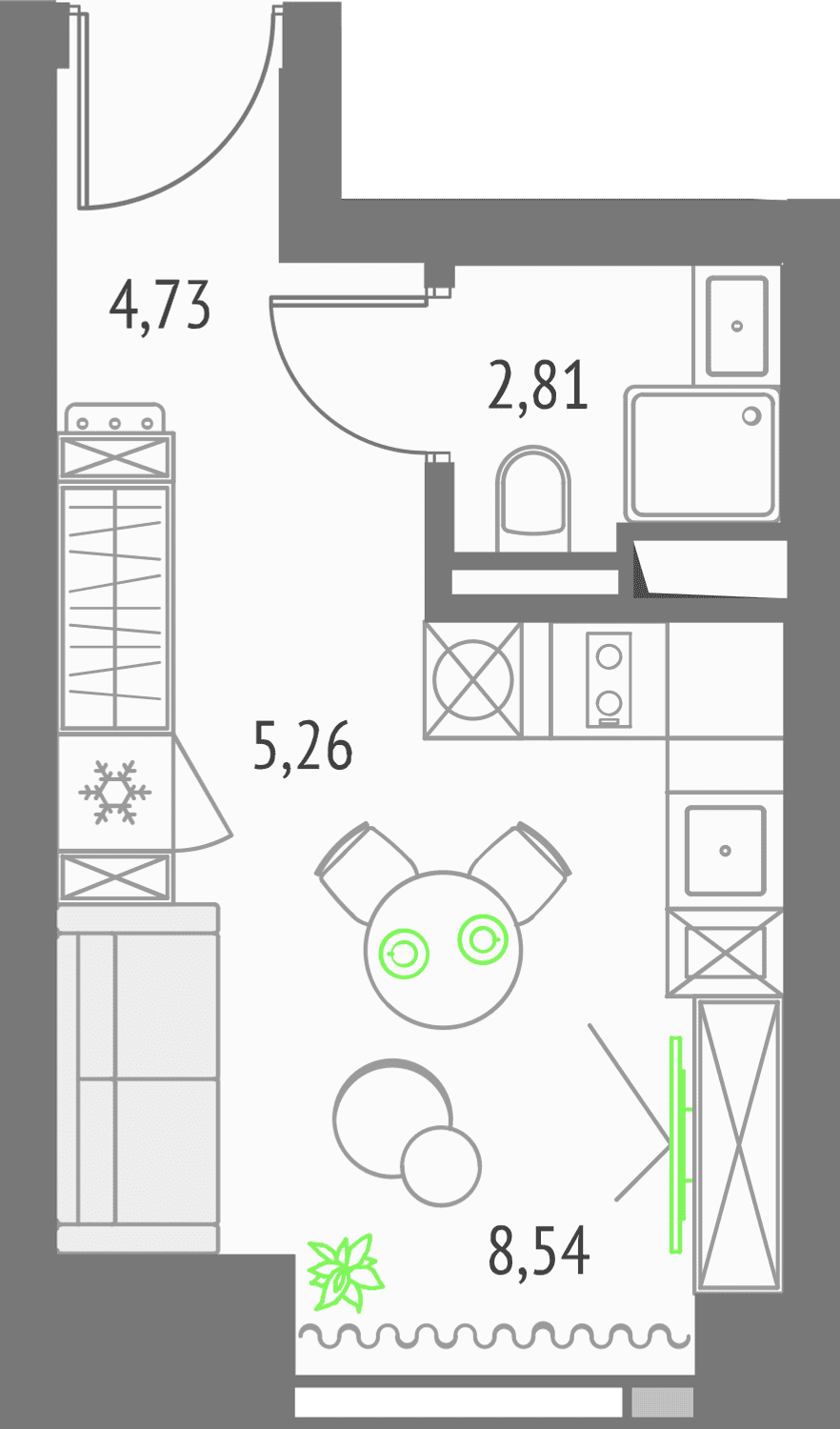 Планировка студии 21,9 м² в башне Эверест комплекса Upside Towers