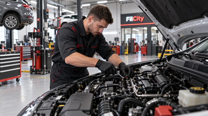 Обслуживание топливной системы автомобиля в автосервисе FilCity — автомеханик проверяет и обслуживает топливные форсунки, магистрали и элементы системы подачи топлива под капотом автомобиля